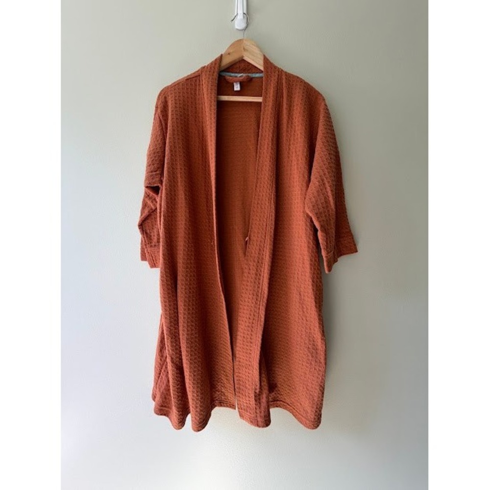Waffle Knit Joy Women L Rust Orange Robe Open Front Textured Pockets Lounger - Picture 9 of 9